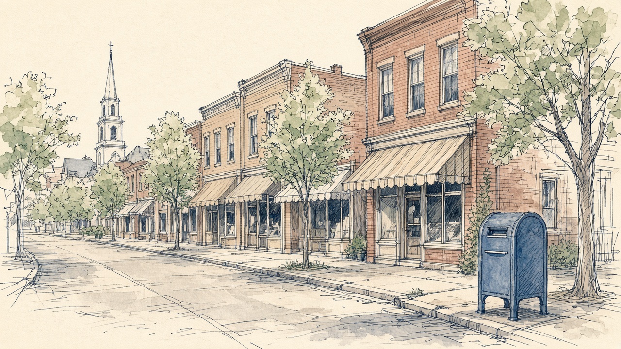 Pen and wash sketch of a small-town main street