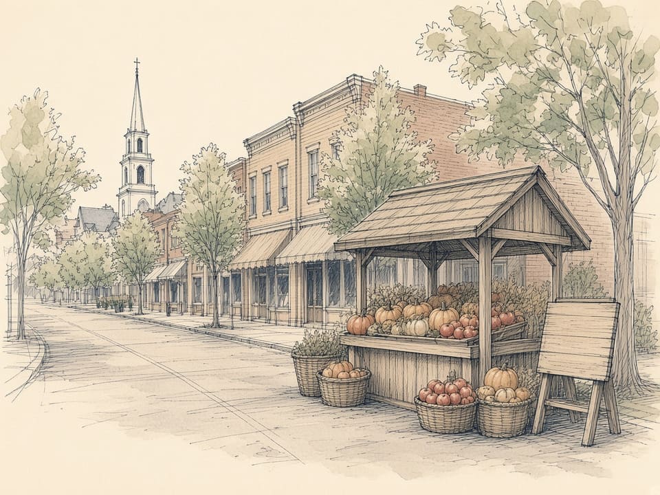A wooden farm stand of pumpkins and apples on a tree-lined main street, with a church steeple down the block.