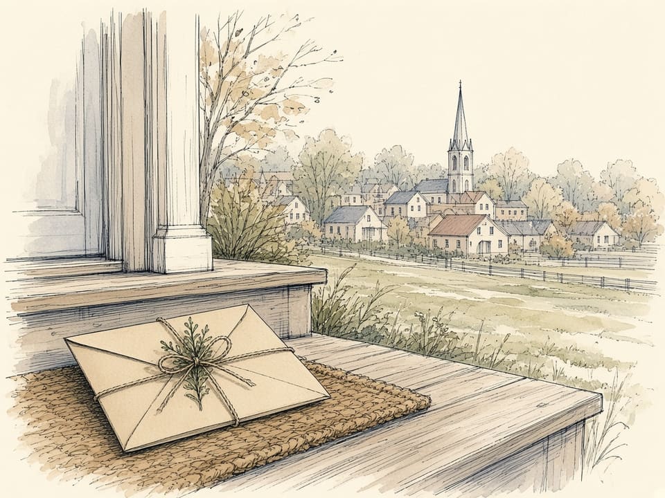 A kraft envelope tied with twine and a sprig of greenery sits on a porch, with a church and houses across the field.