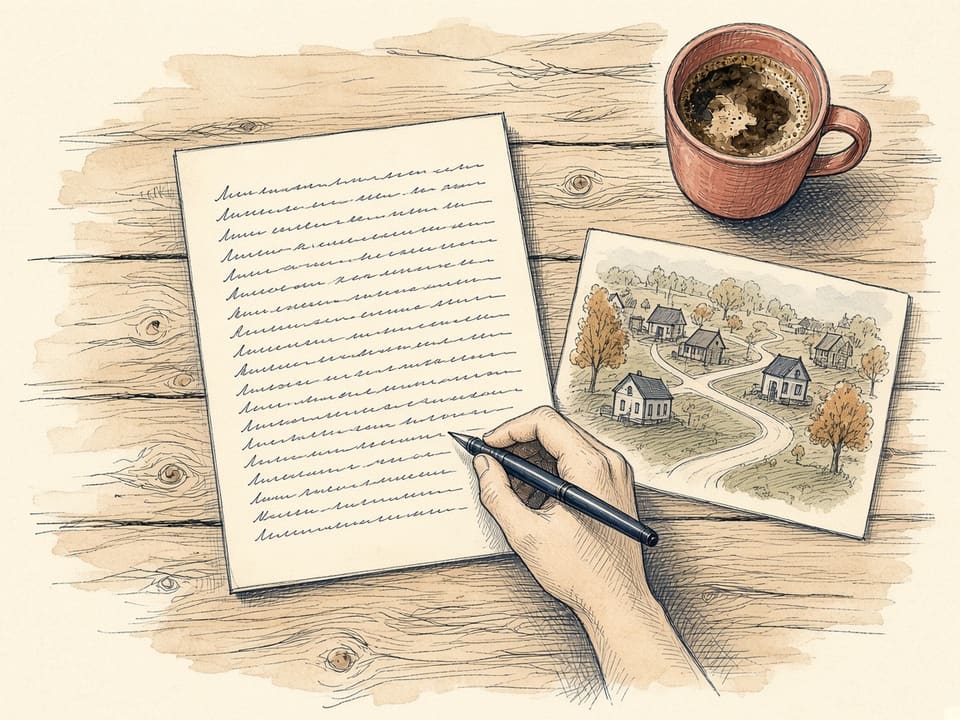 A hand writes a letter at a wooden table next to a sketched map of houses on a lane and a cup of coffee.