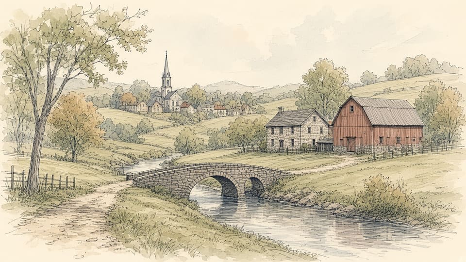 A stone double-arch bridge over a creek, with a farmhouse, a red barn, and a church steeple across the valley hills.