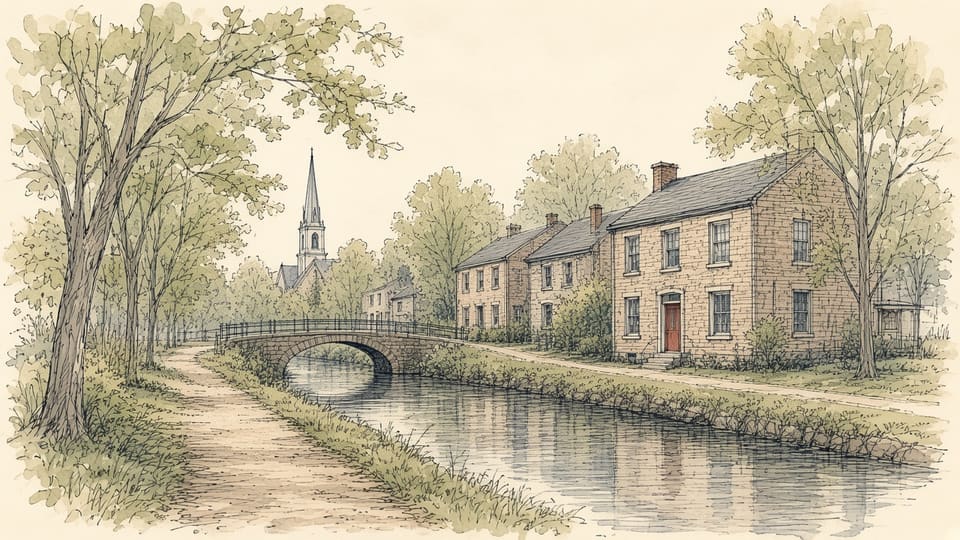 A canal towpath beside still water, stone houses, a footbridge, and a church steeple through the trees.