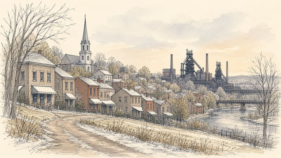 A hillside town of brick houses and a church, with steel stacks and a river bridge beyond, after a light snow.