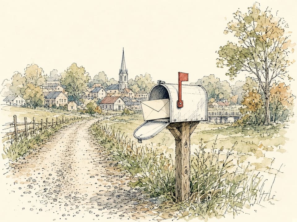 A white roadside mailbox stands open with a letter, a dirt lane curving toward a church steeple and houses.