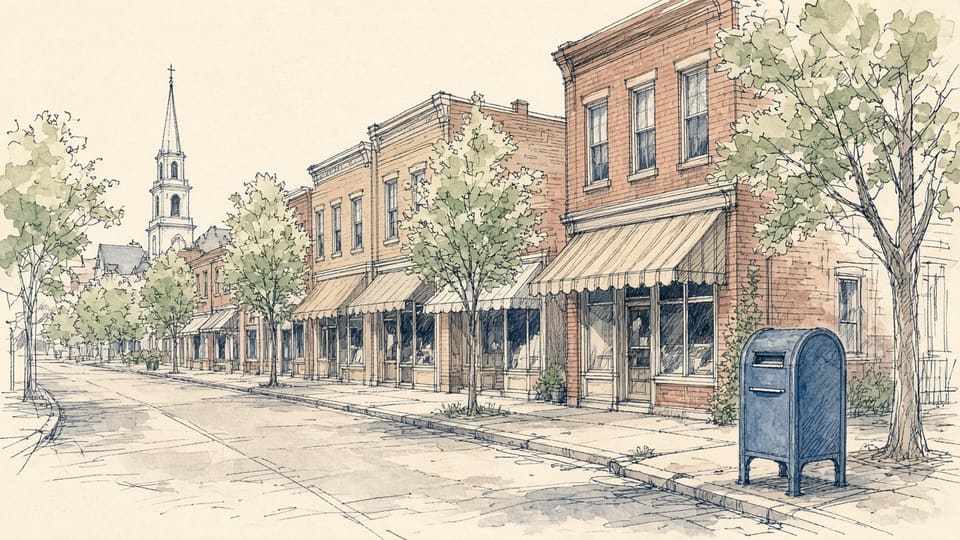 A brick main street with shop awnings, a church steeple down the block, and a blue collection box on the sidewalk.