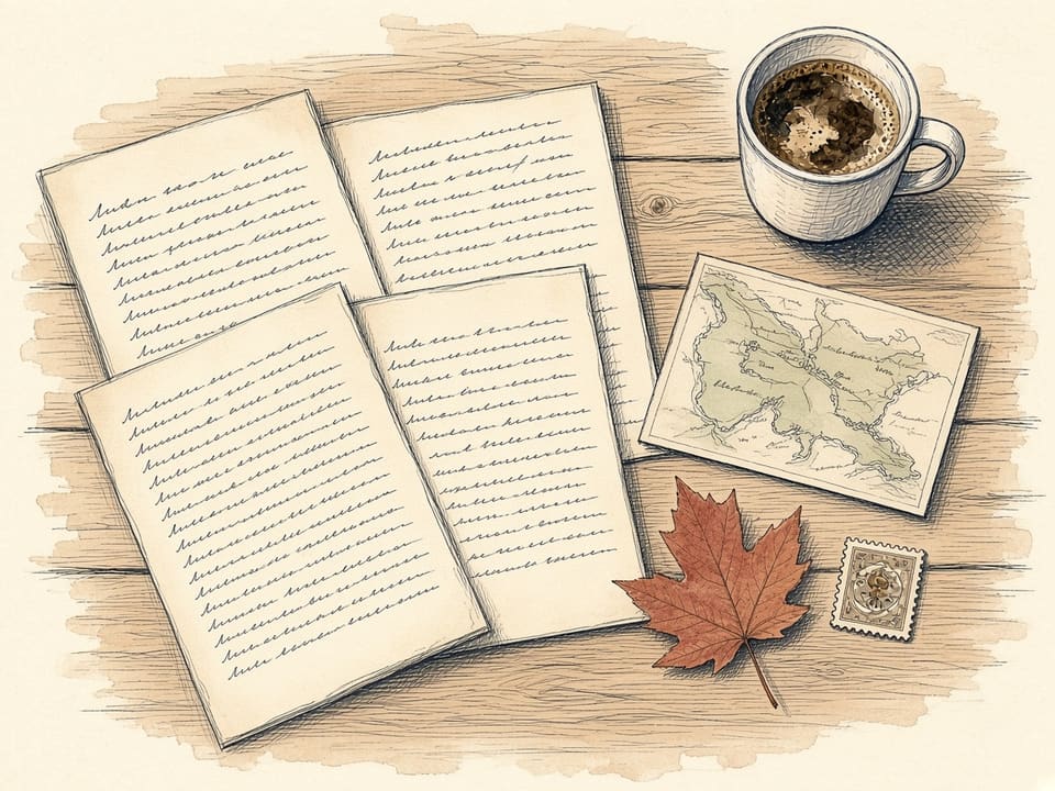 Open letter pages on a table with a hand-drawn map card, a maple leaf, a stamp, and a cup of coffee.