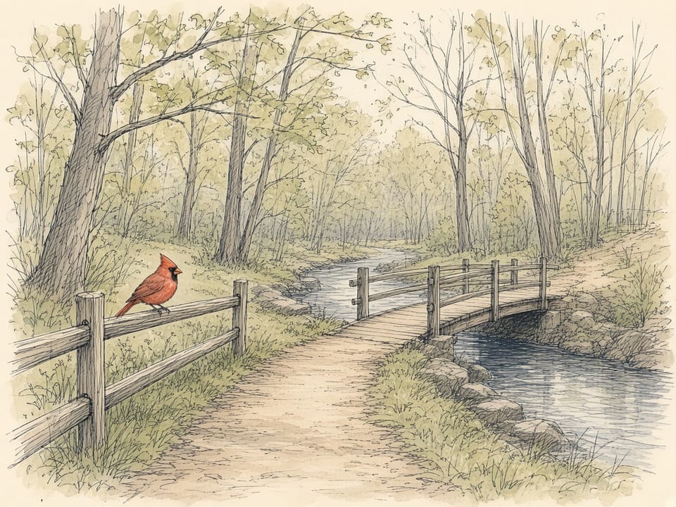 A wooded walking path over a small creek bridge, with a cardinal on the fence rail.