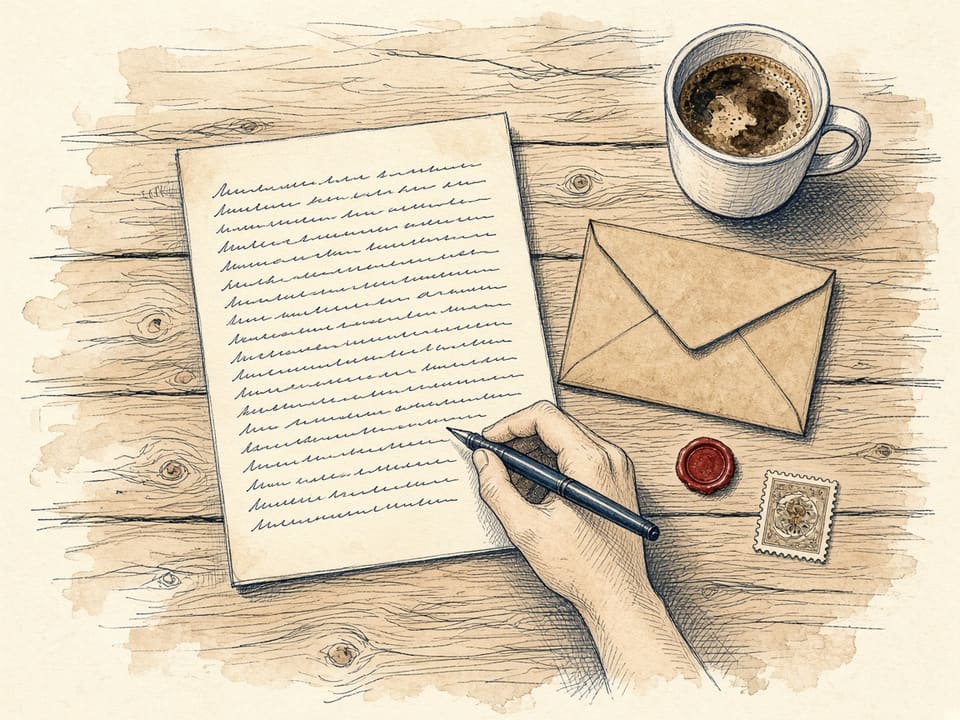 A hand writes a letter in ink at a kitchen table beside a kraft envelope, a wax seal, a stamp, and a cup of coffee.